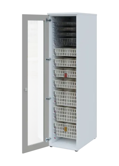 EUROMEDICA S - 46 skříň léková boxová, 1-dveřová/prosklená, levá, 1950x460x735, korpus bílý, dvířka šedá